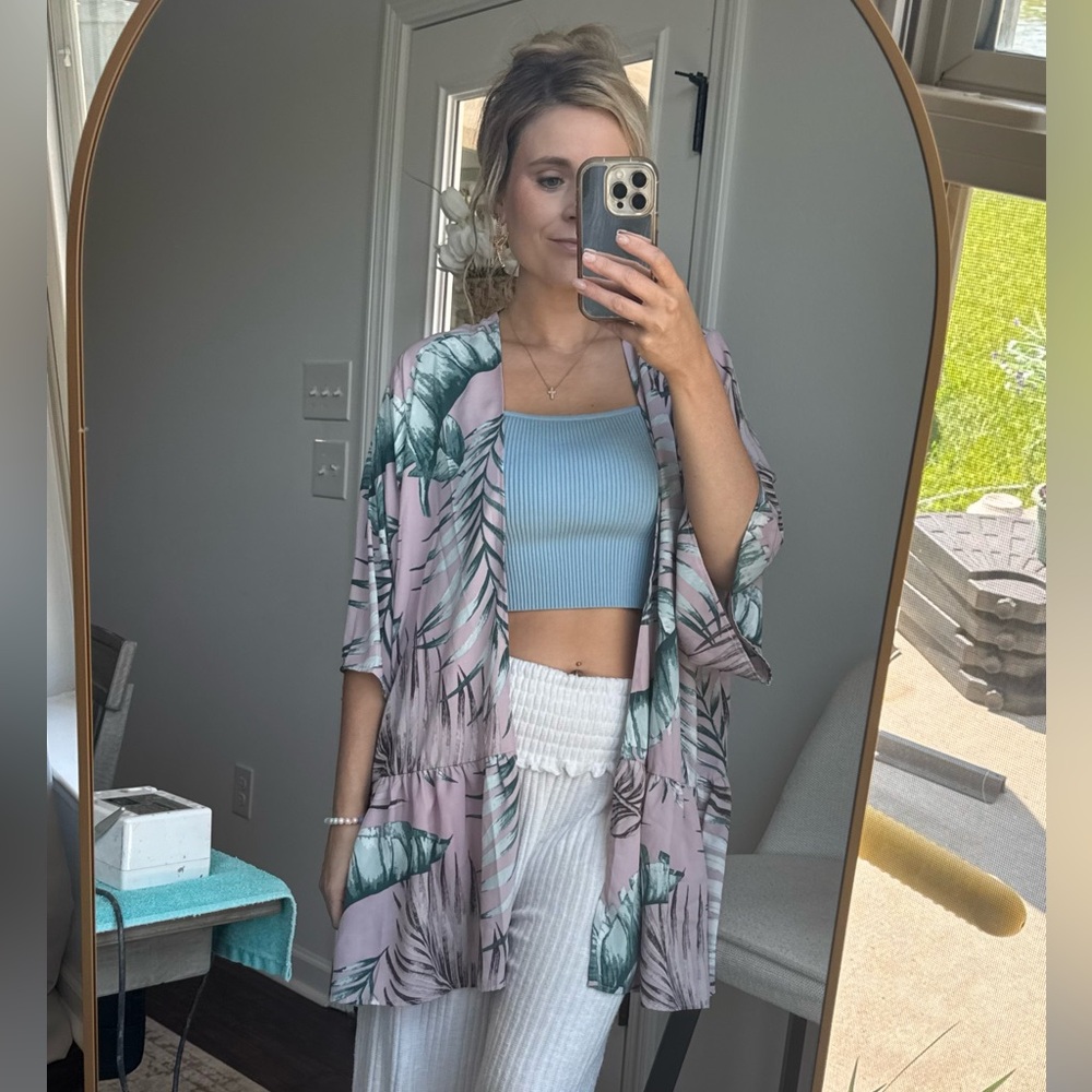 Summer Vacation Pink & Green Leaf Print Kimono Bathing Suit Pool Cover Up